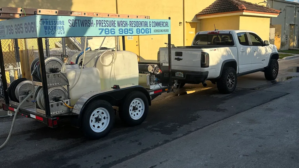 Pressure Washing Brother truck and fully equipped soft-wash trailer