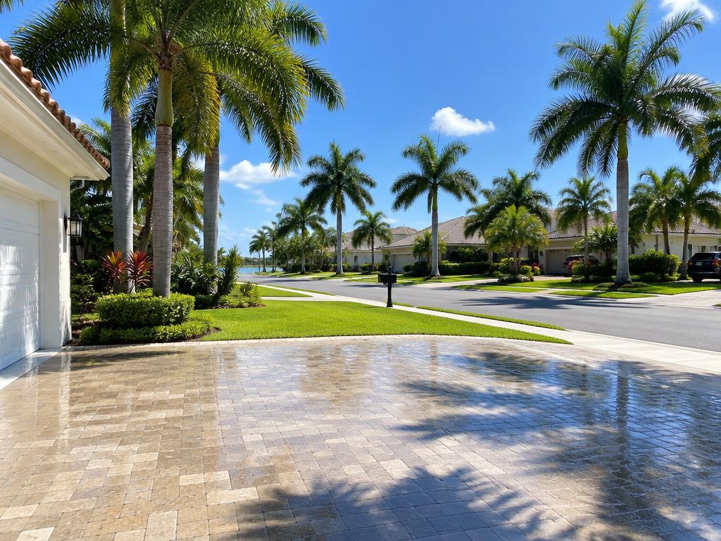 Palm-lined South Florida street with a freshly washed driveway